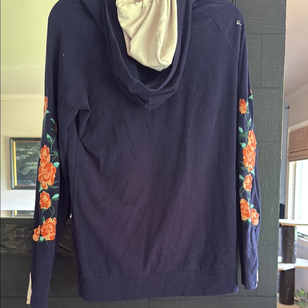 Ampersand Navy Double Hoodie with Floral Sleeve Design - Picture 2 of 4